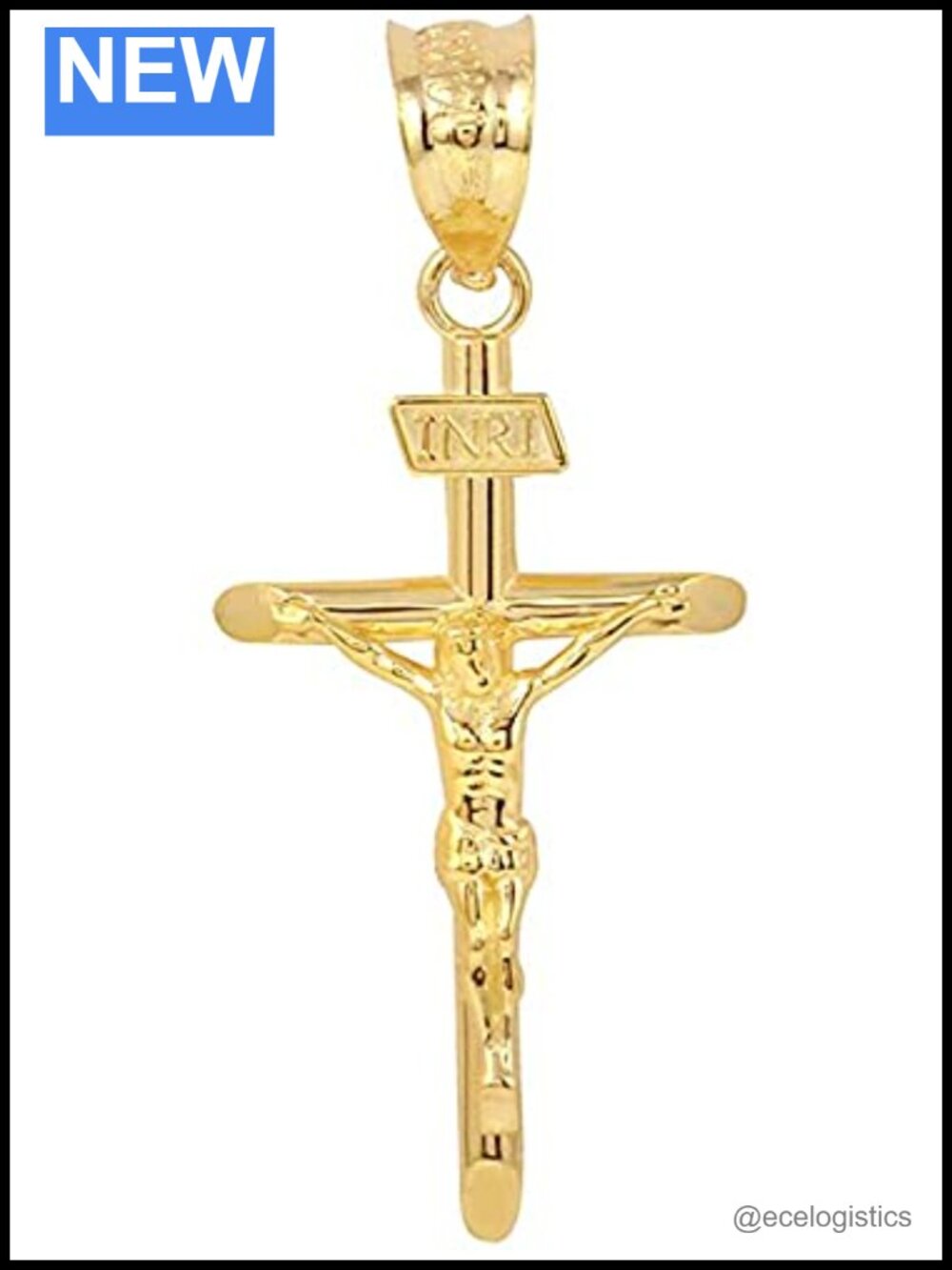 10K Yellow Gold INRI Crucifix Cross Pendant Necklace 1.2"